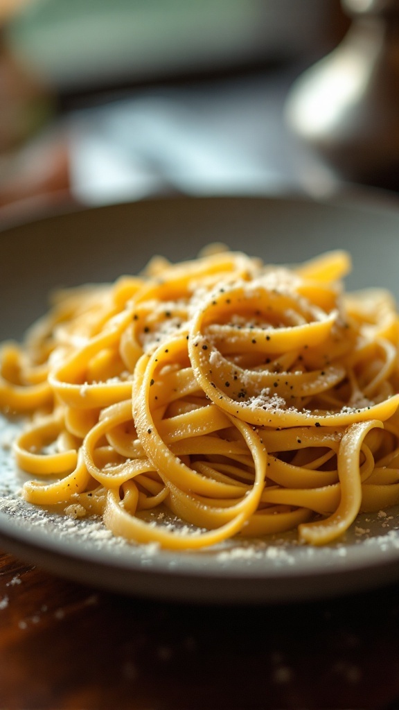 Elegant tagliatelle pasta coated in truffle butter, garnished with Parmesan and black pepper.